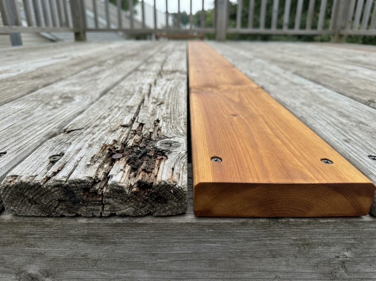 Weathered gray cedar board next to a restored cedar plank