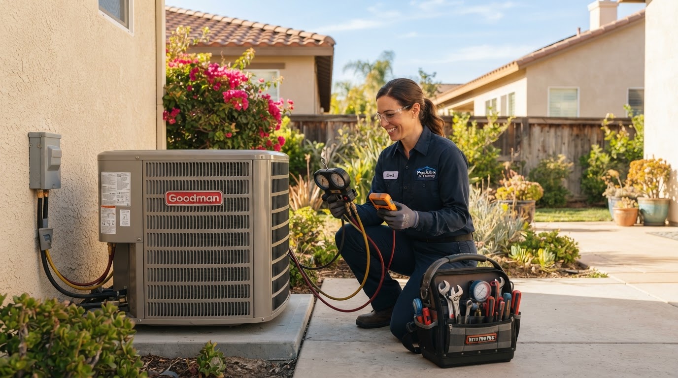Super Cool HVAC technician servicing an outdoor cooling unit