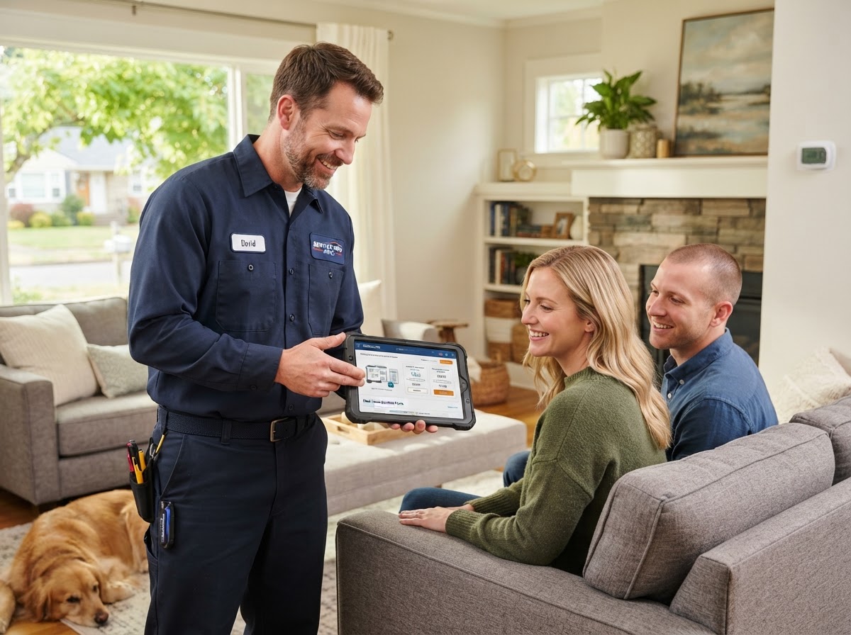 Super Cool HVAC technician consulting with homeowner