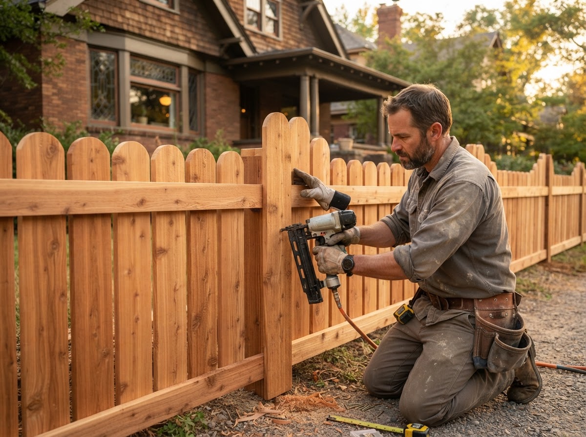 Craftsman installing a custom wood shadowbox fence with scallop-top pickets