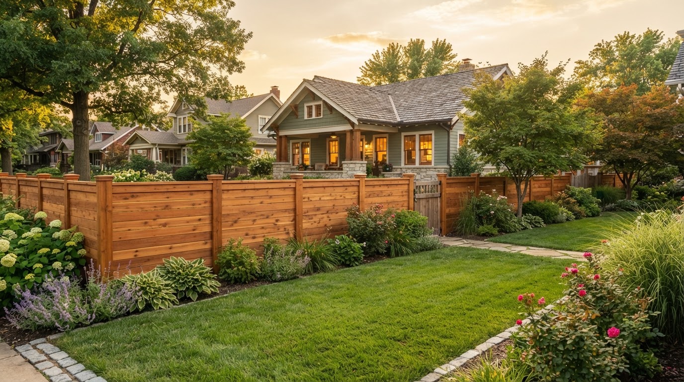 Custom cedar wood privacy fence in Old Town Cottleville backyard