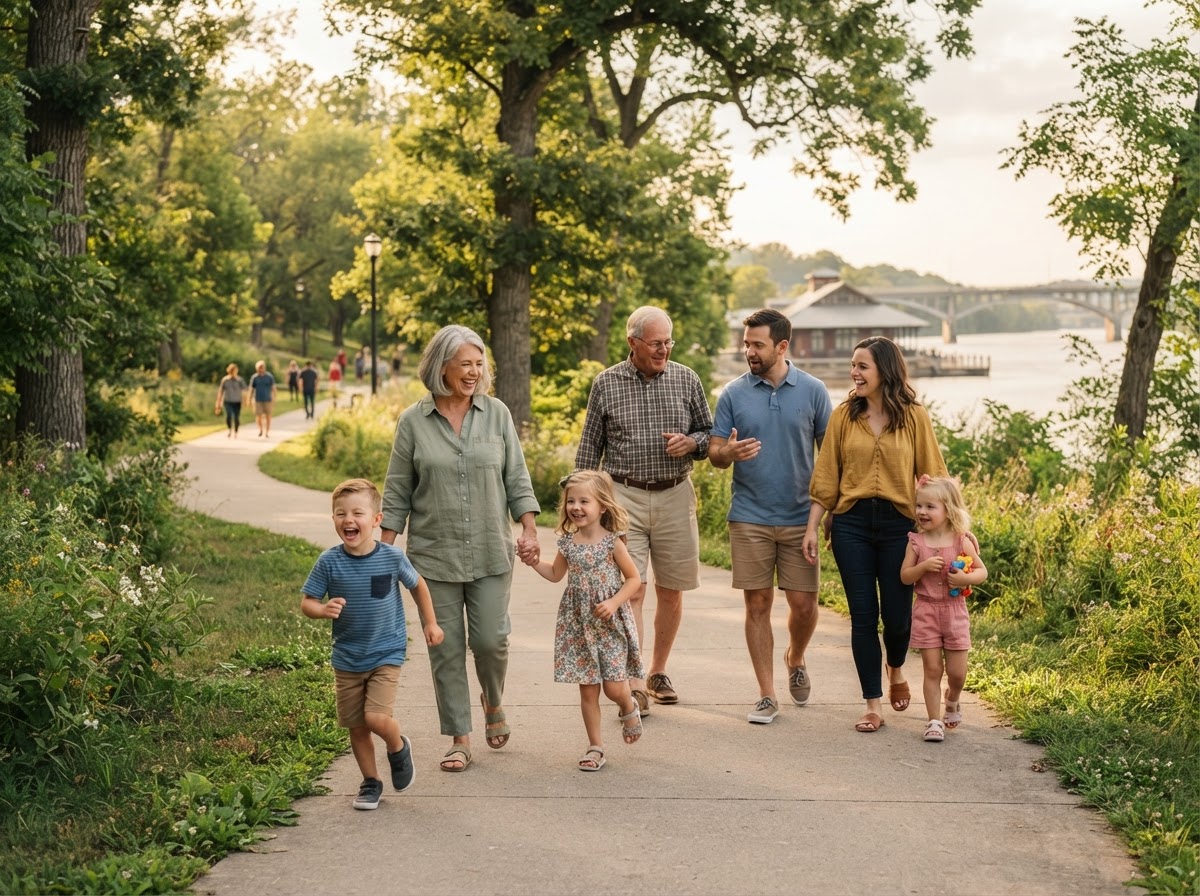 A happy multi-generational active family outdoors in a green park
