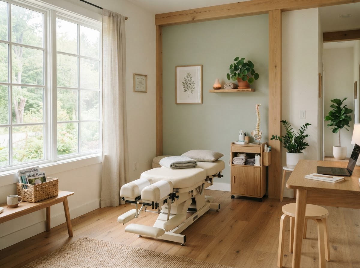 Bright chiropractic treatment room with cream walls and natural wood accents