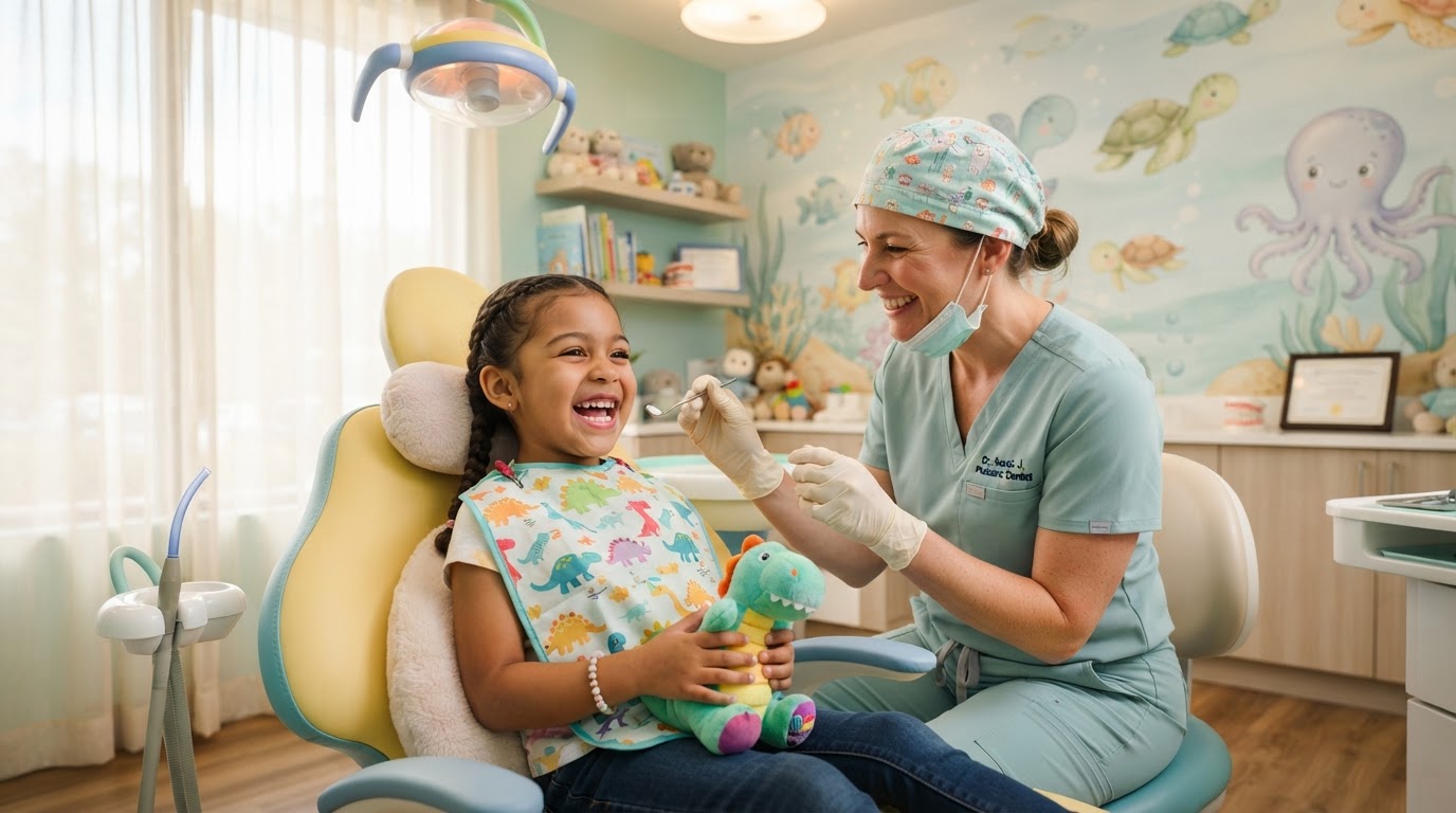 A happy child during a calm pediatric dental visit at Mid-Rivers Pediatric Dentistry