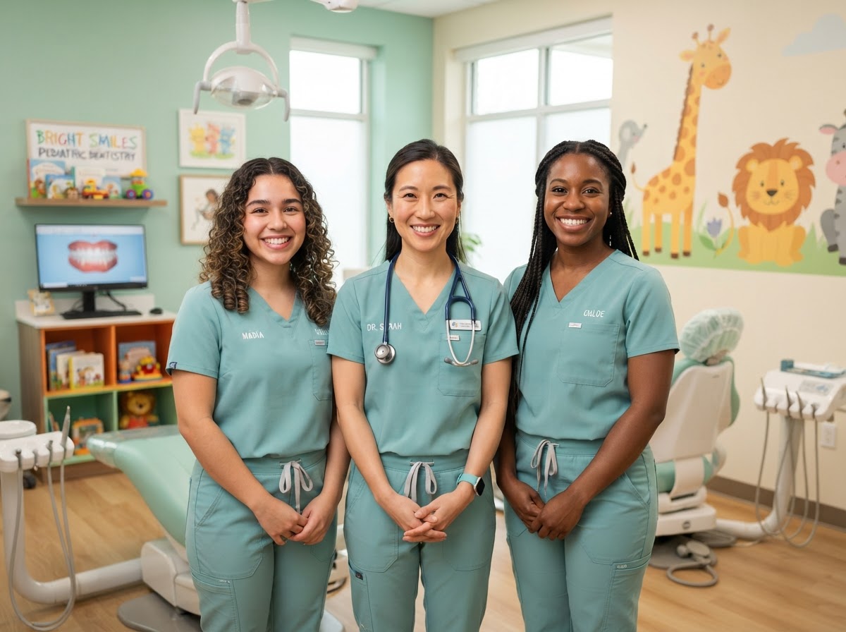 The friendly Mid-Rivers Pediatric Dentistry team in soft teal scrubs