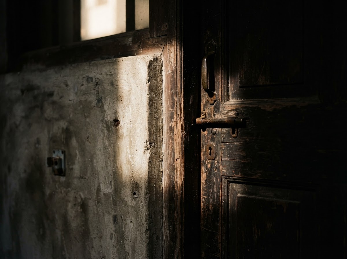 Close crop of a worn storefront detail under warm directional light