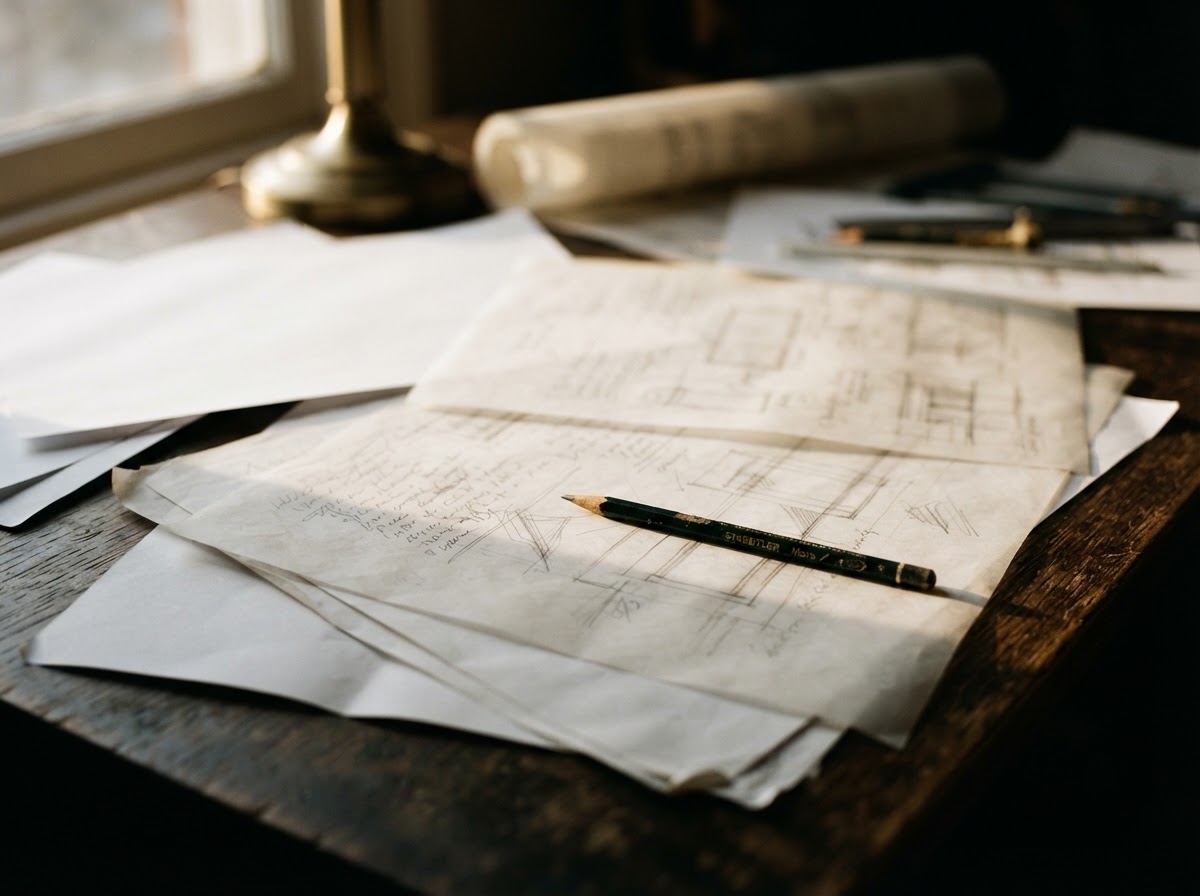 Close crop of a desk with tracing paper, a pencil and blank papers under warm directional light