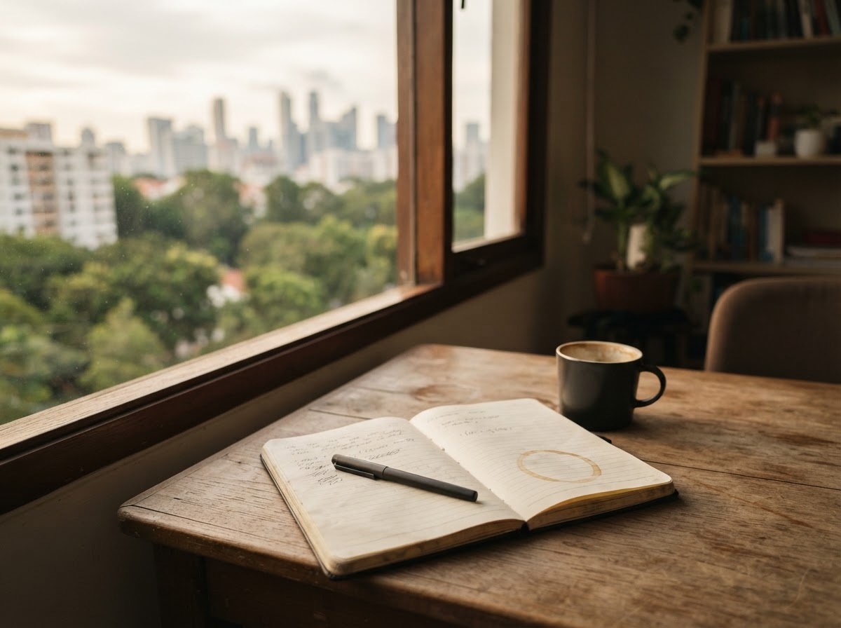 A simple desk by a window with a notebook, pen and coffee cup in warm light