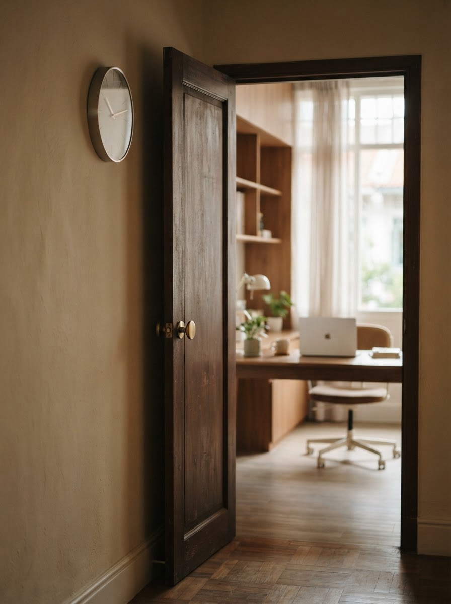 An open door in a warm workspace with soft natural light spilling through