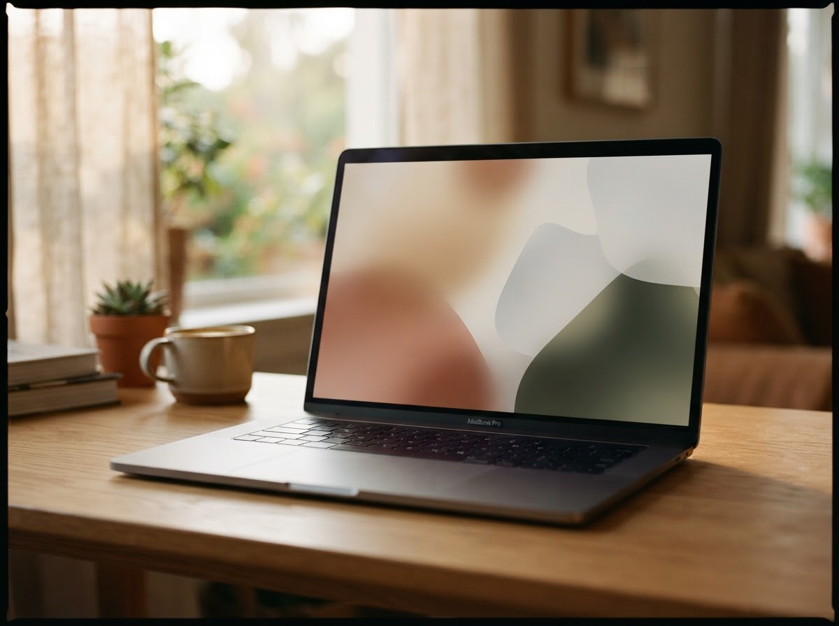 A clean laptop screen with a calm minimal interface on a tidy desk