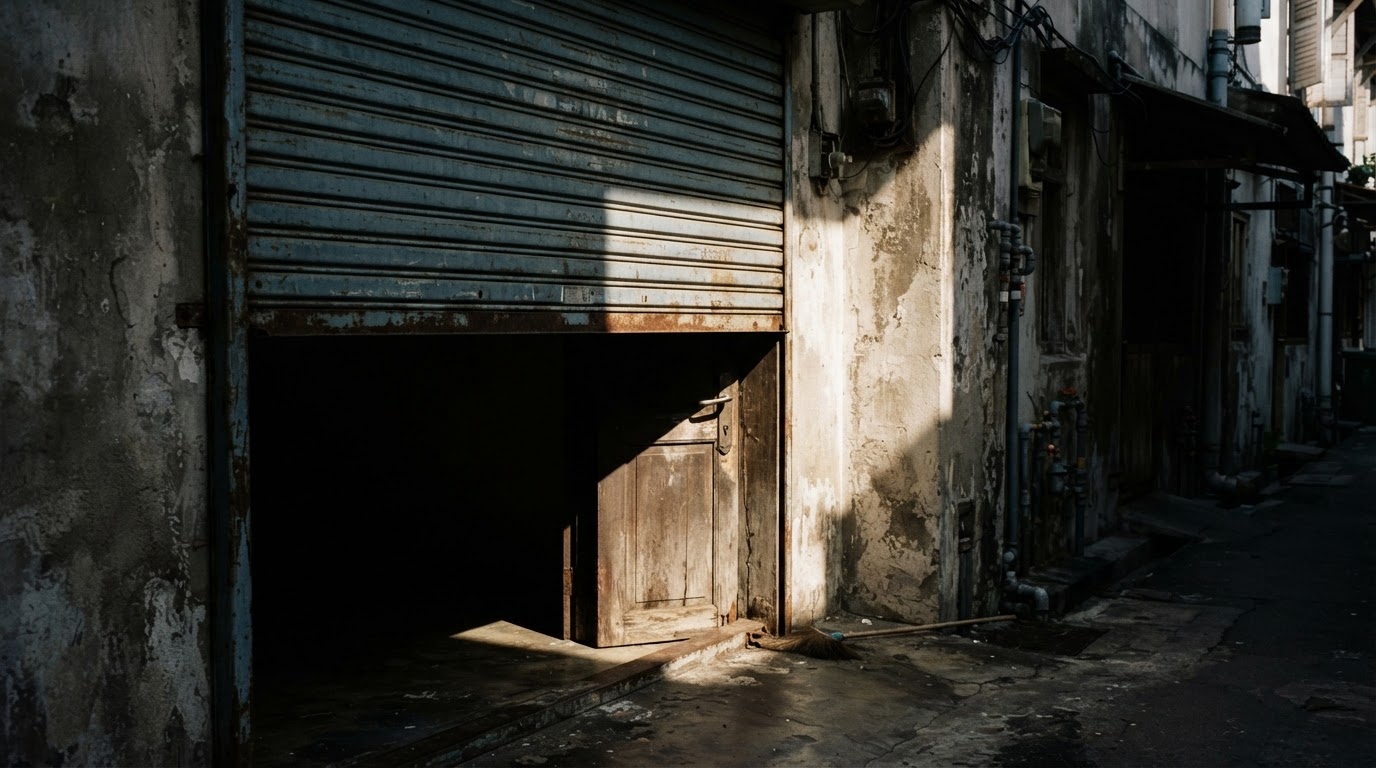 A half-open metal roller shutter in a Singapore back lane at early morning