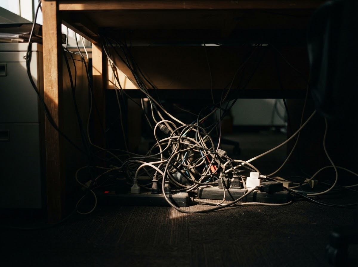 Tangled cables under a desk lit by early morning light