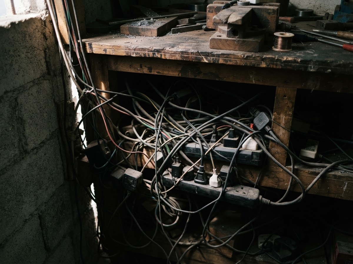 Tangled cables under a workbench lit by early morning light