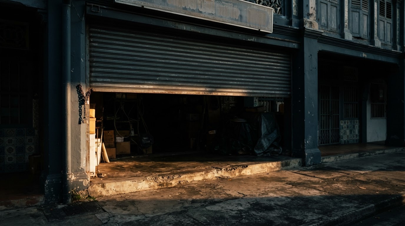 A Singapore shopfront shutter half-raised before opening, early morning light