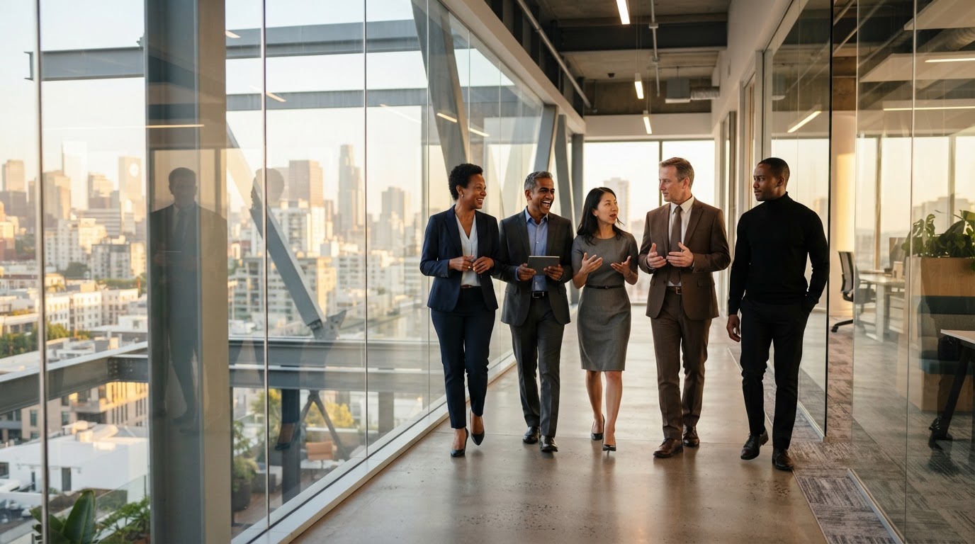 Diverse business leaders walking through a sophisticated architectural environment
