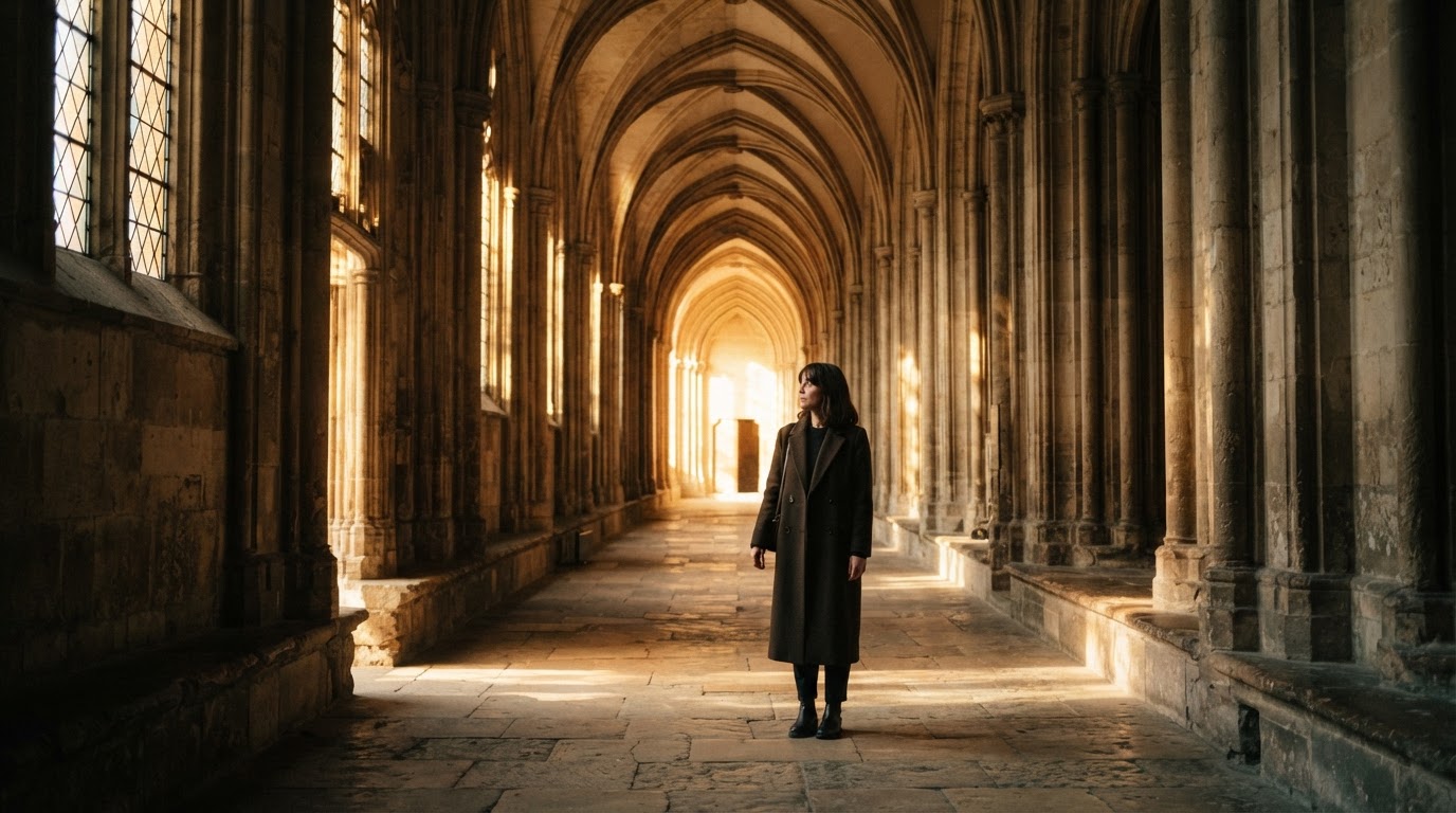 A solitary figure standing in a dramatic architectural corridor of light