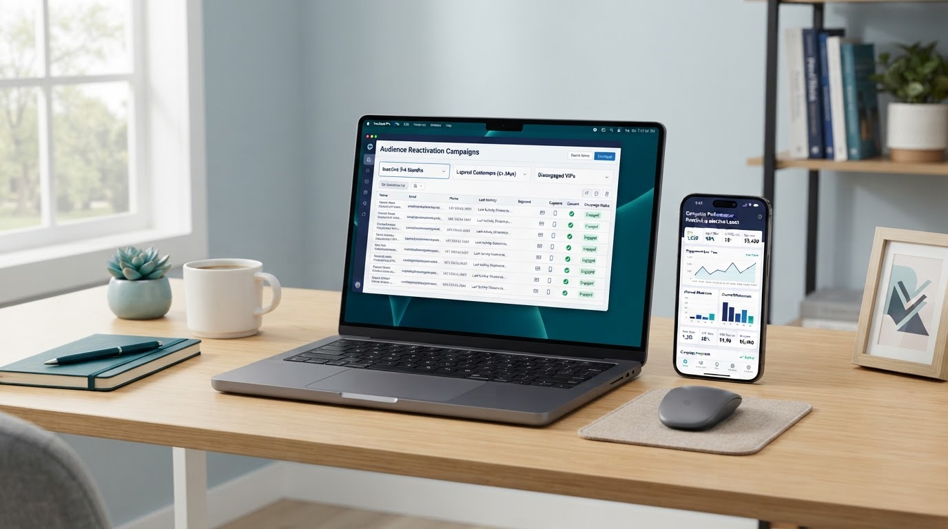 Clean modern desk with a laptop and smartphone displaying a contact database list with reactivation campaign segments, email and SMS message icons, consent checkmarks, and a campaign analytics dashboard in soft navy and teal tones