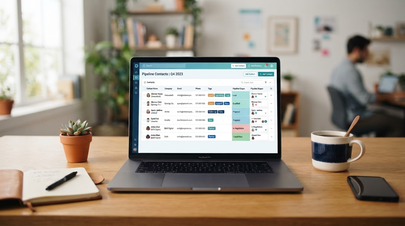 Laptop displaying an organized CRM contact dashboard with tags, pipeline columns, and contact lists in soft blue tones on a bright modern desk