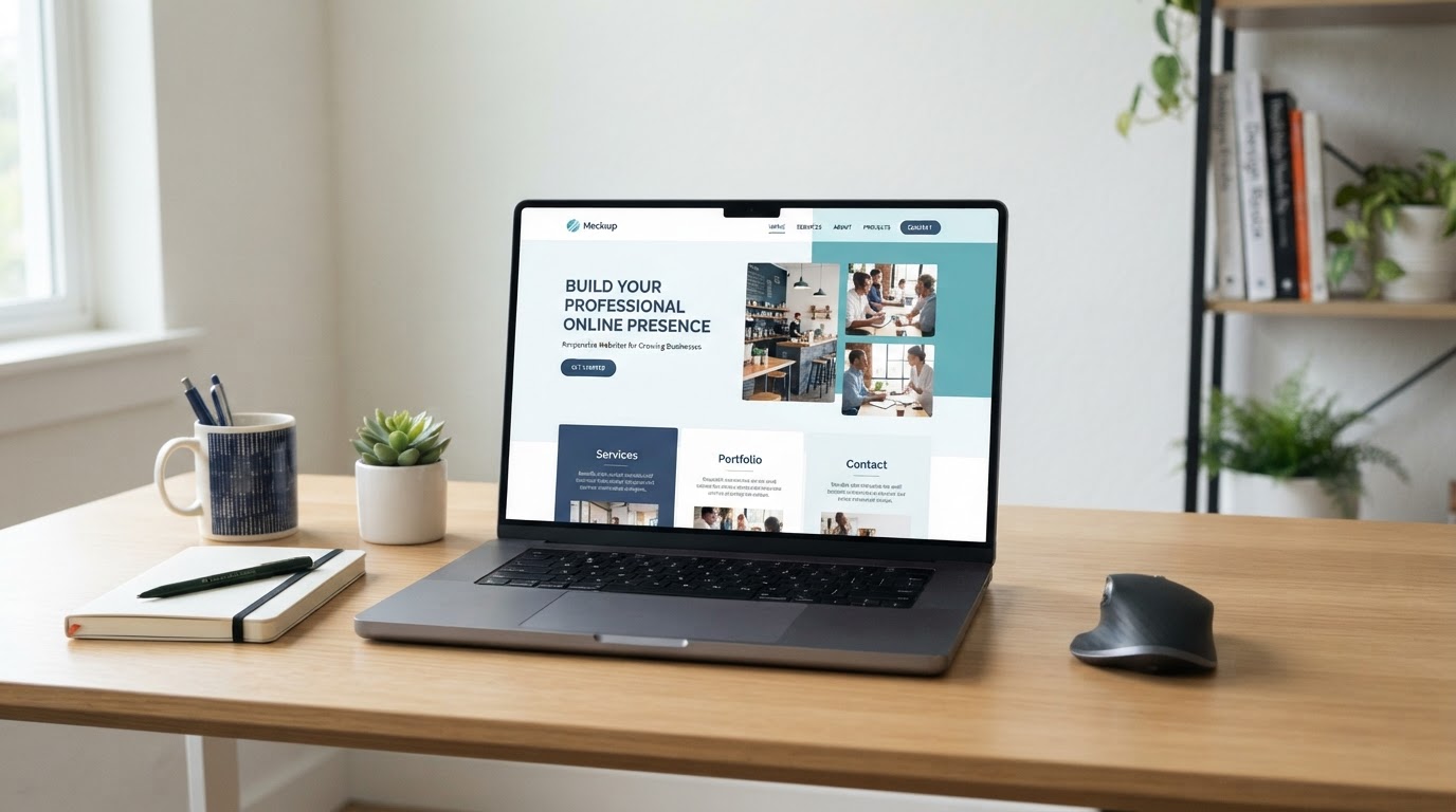 Clean modern desk with a laptop displaying a responsive small-business website design