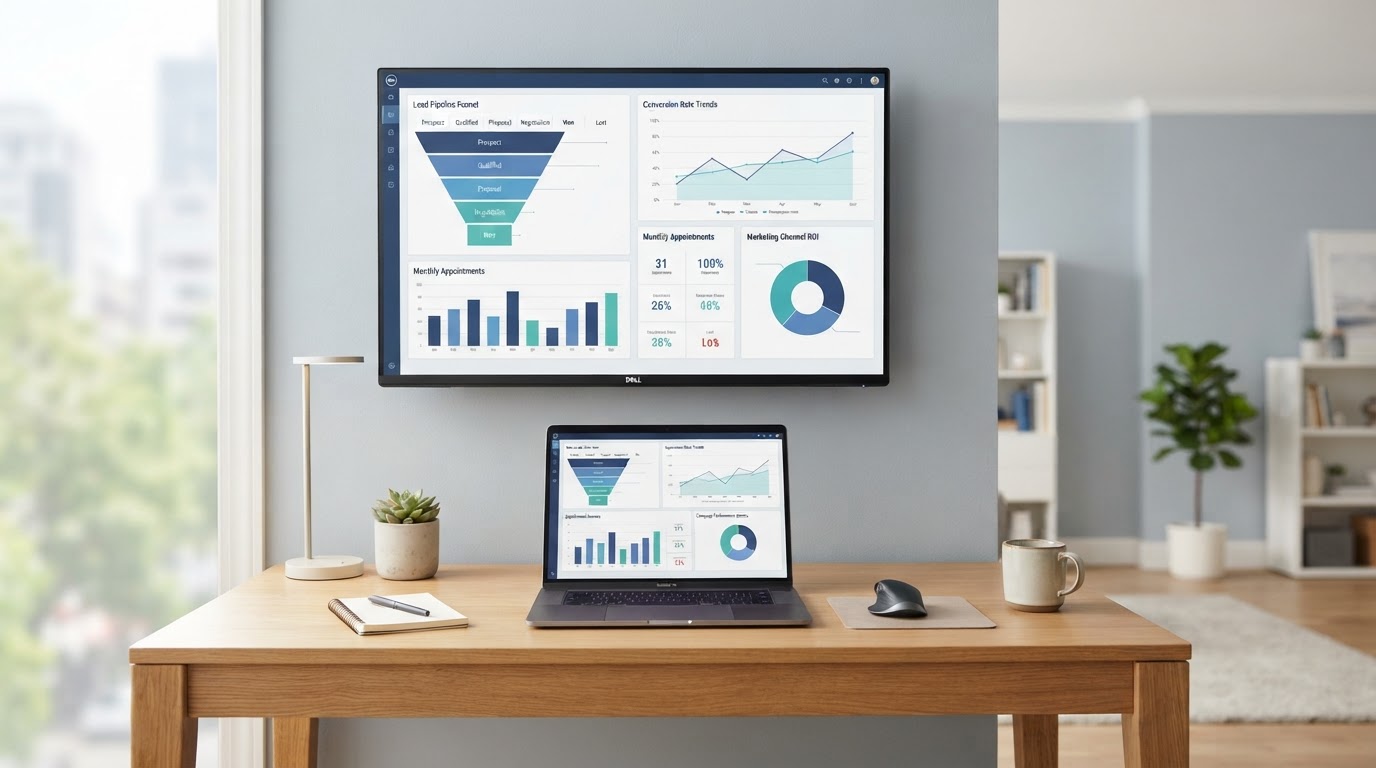 Clean modern desk with a laptop and wall monitor displaying business analytics dashboards with lead pipeline, appointment, and marketing charts in soft navy and teal tones