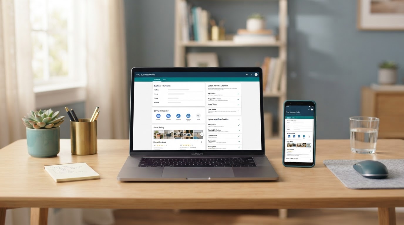 Clean modern desk with a laptop and smartphone displaying a Google Business Profile dashboard with business information fields, service categories, photos, review stars, and an update workflow checklist in soft navy and teal tones