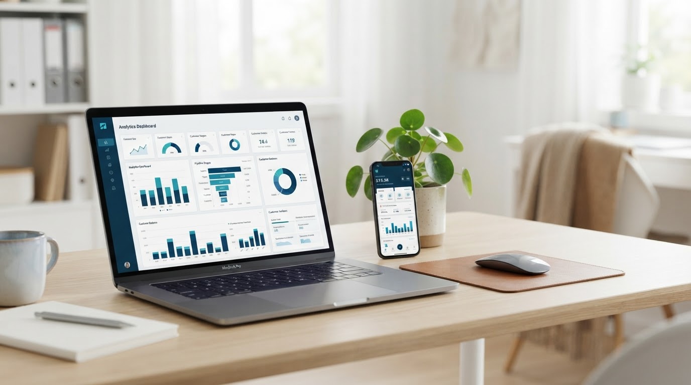 Clean modern desk with a laptop showing a maintenance dashboard, a smartphone, and a small potted plant in soft navy and teal tones representing ongoing website and CRM support