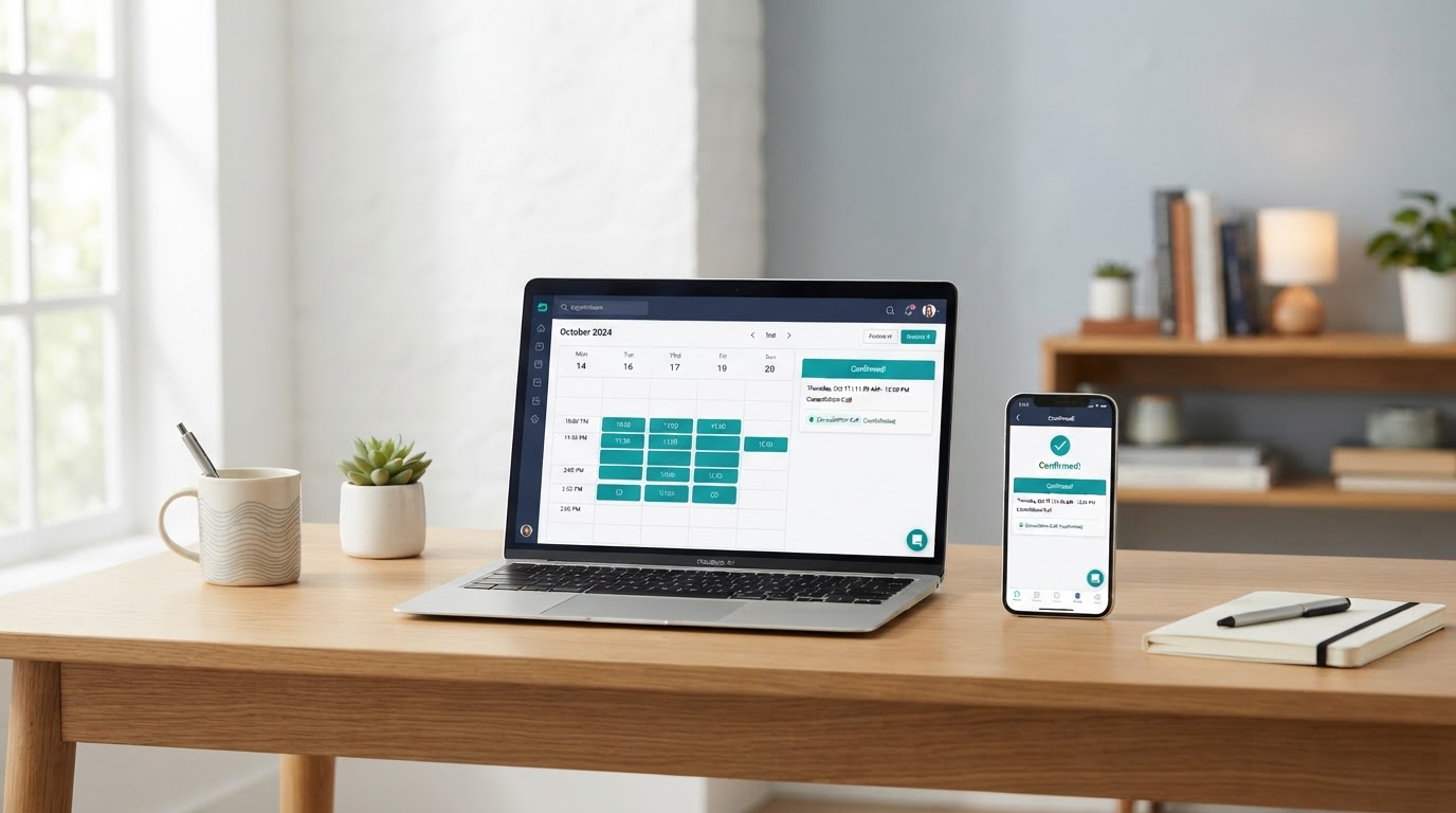Clean modern desk with a laptop and smartphone displaying an online appointment calendar with available time slots and a confirmed booking in soft navy and teal tones