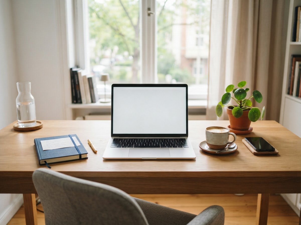 A bright, organized small-business workspace with a laptop and notebook near a window