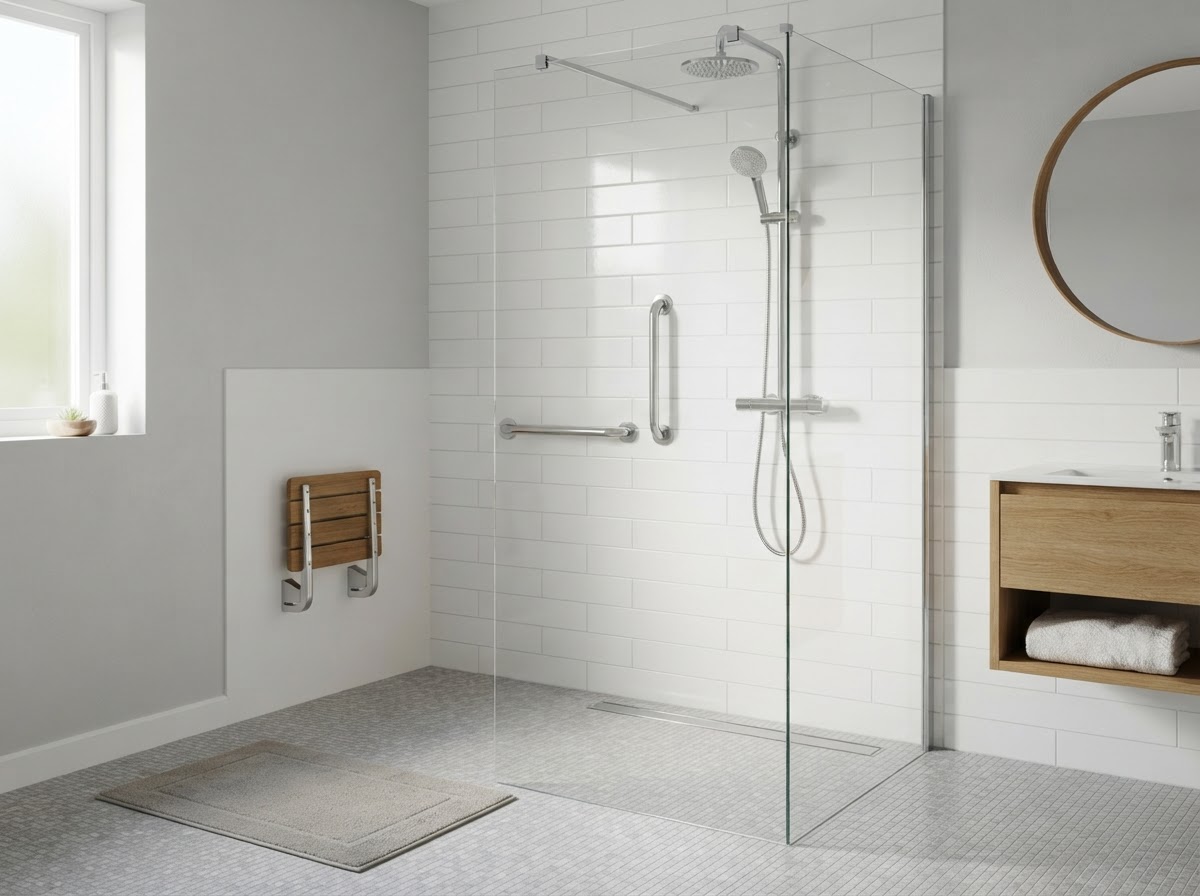 Hobless shower conversion in Sydney with graded floor, linear drain and grab rail