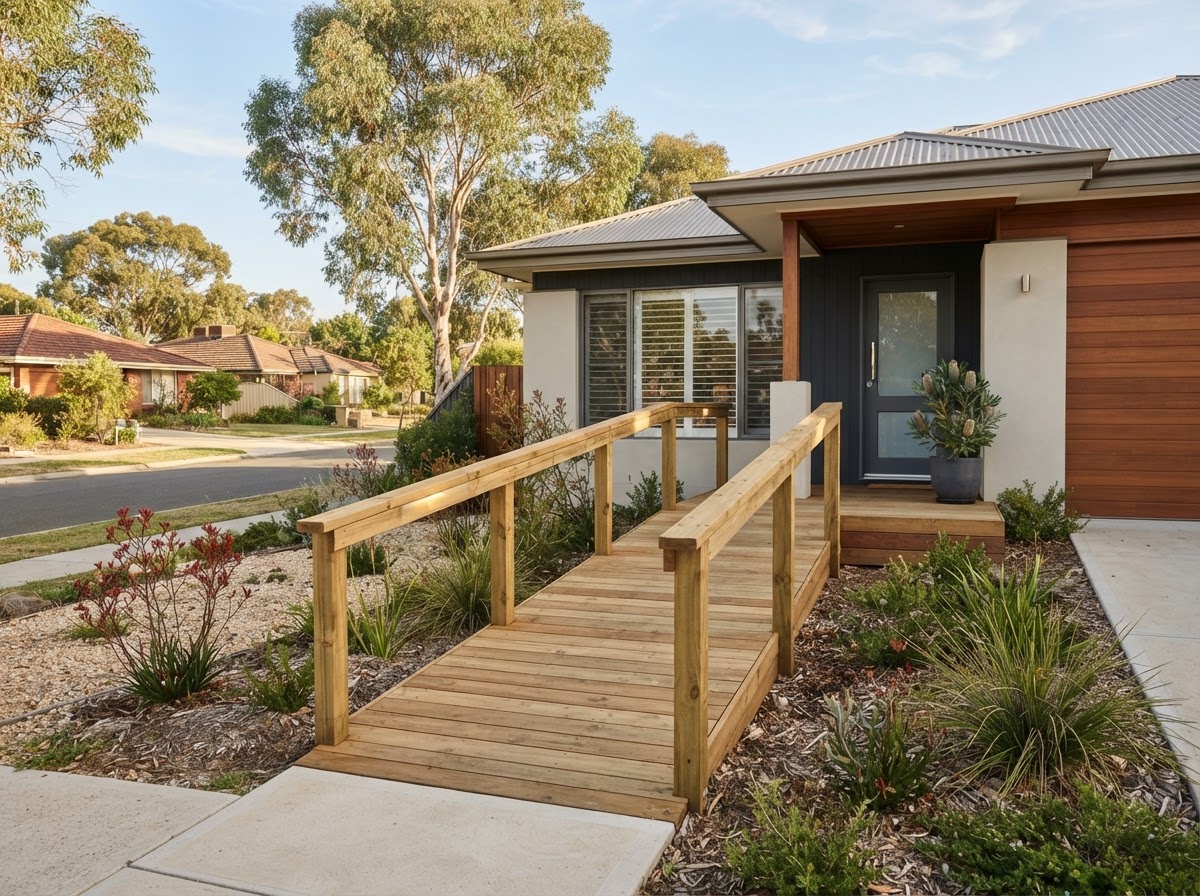 Wheelchair ramp and handrails at a Sydney home entry, with grab rail installation