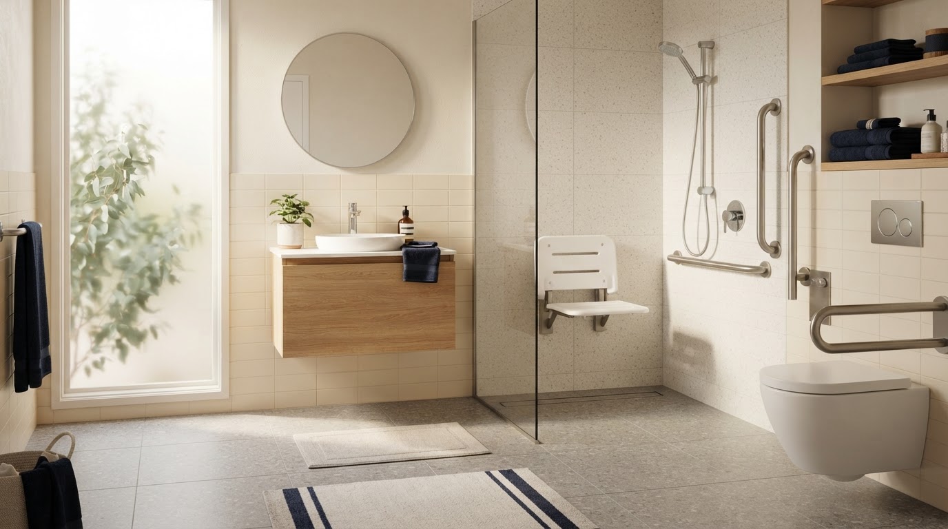 NDIS home modifications Sydney: step-free shower and grab rails in an accessible bathroom