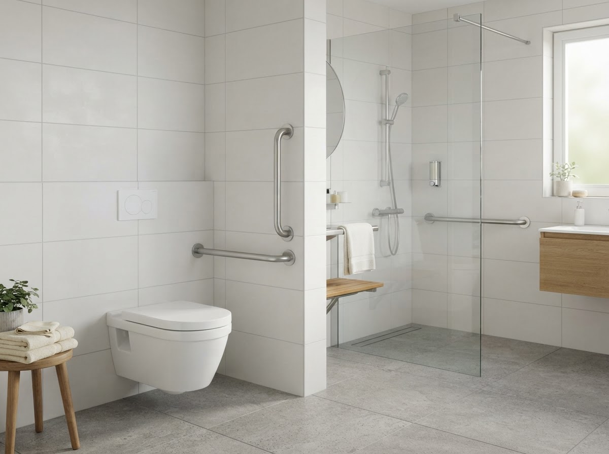 Aged care home modifications in Sydney: bathroom with shower seat and grab rails for elderly use