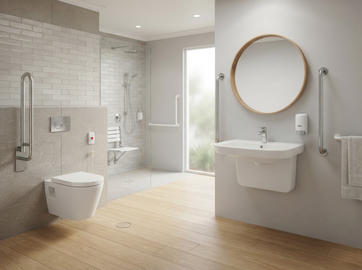 Disabled and accessible bathroom renovation in Sydney with level floor and grab rails