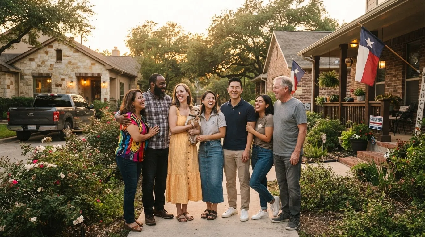 Illustrative neighborhood scene with people outside Texas homes