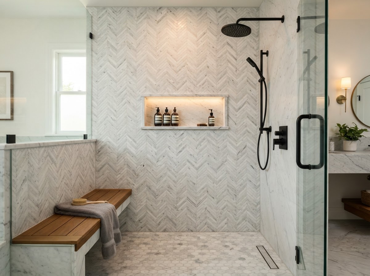Custom Showers & Bathrooms project completed by K.M Tile Corporation in Stockton, CA