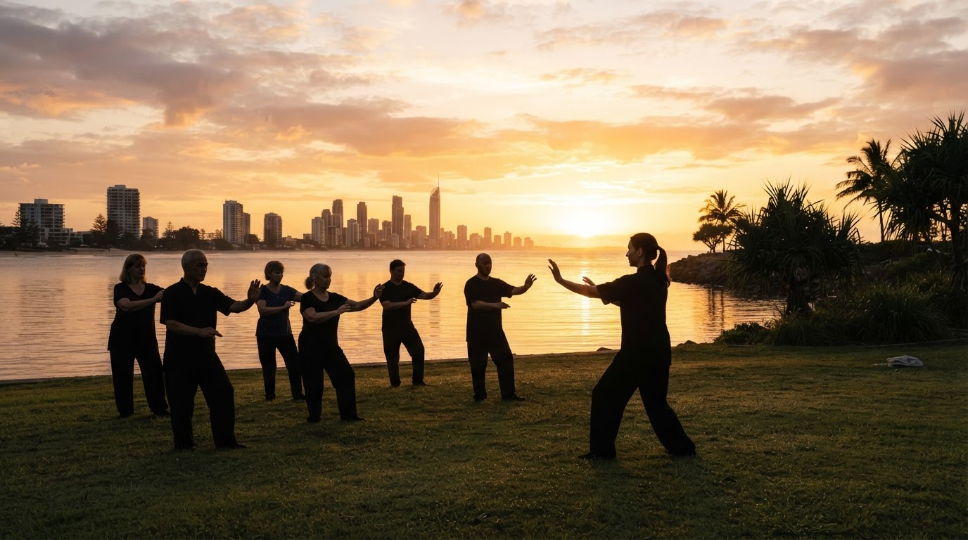 A small group following a Tai Chi instructor in a Gold Coast park, with relaxed, natural movements