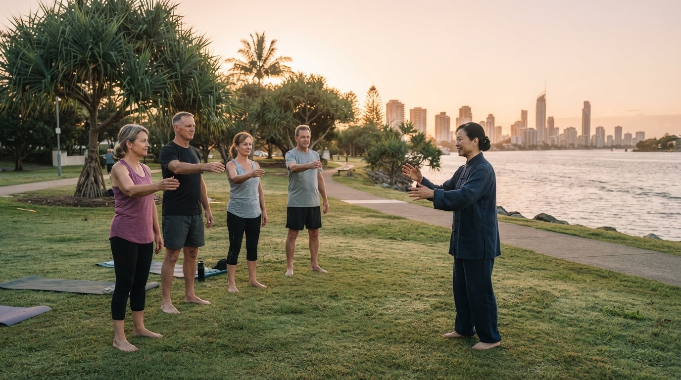 A Tai Chi instructor explaining a slow movement to a small group of attentive adults in a Gold Coast waterfront park at sunrise