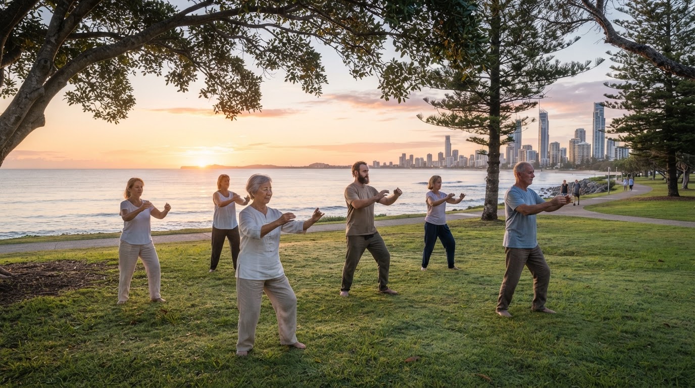 A small group practising Tai Chi beneath trees in a Gold Coast waterfront park, with space between participants