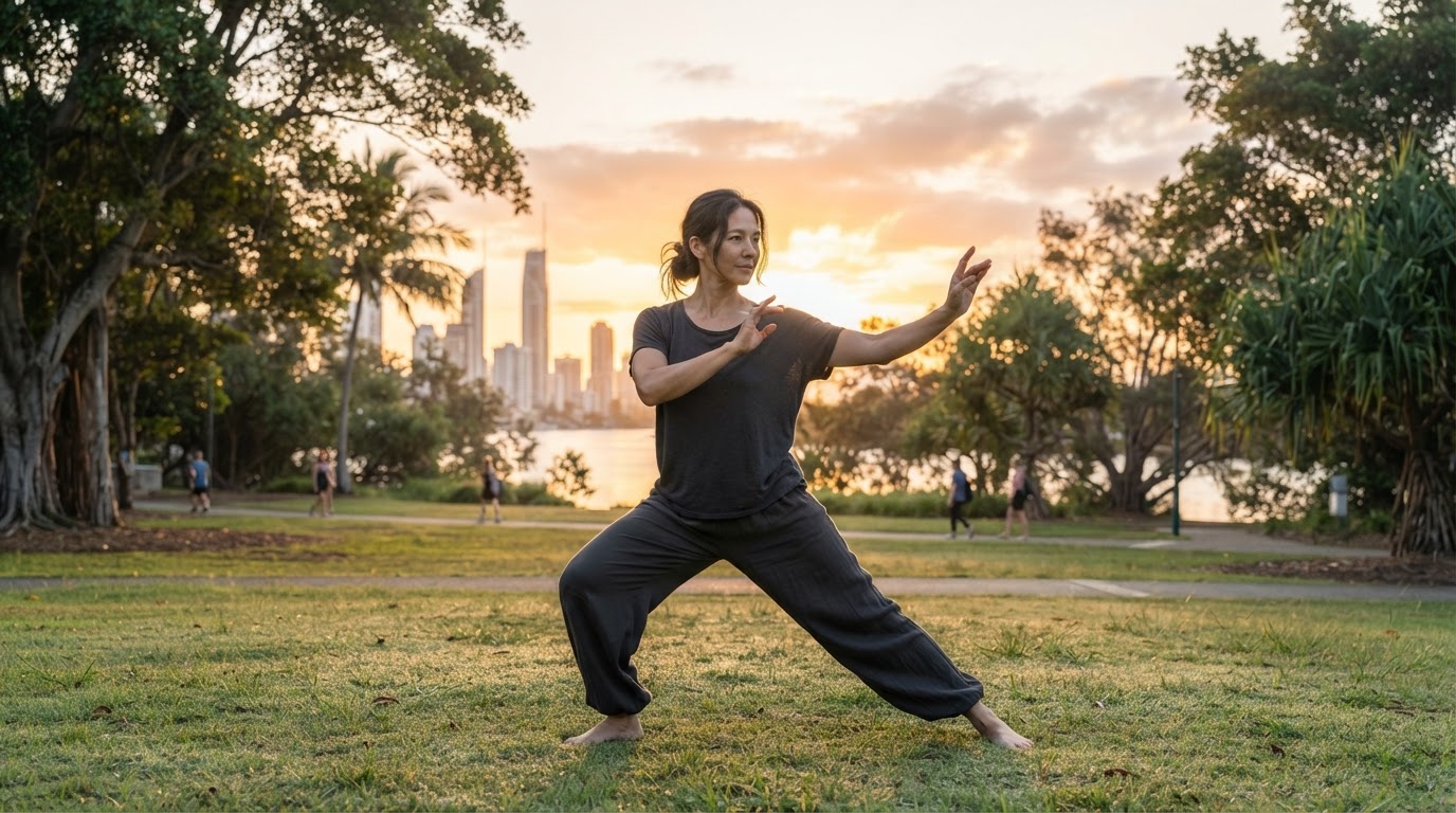 Person in comfortable exercise clothing practising Tai Chi in a Gold Coast park at sunrise, full body and footwear visible