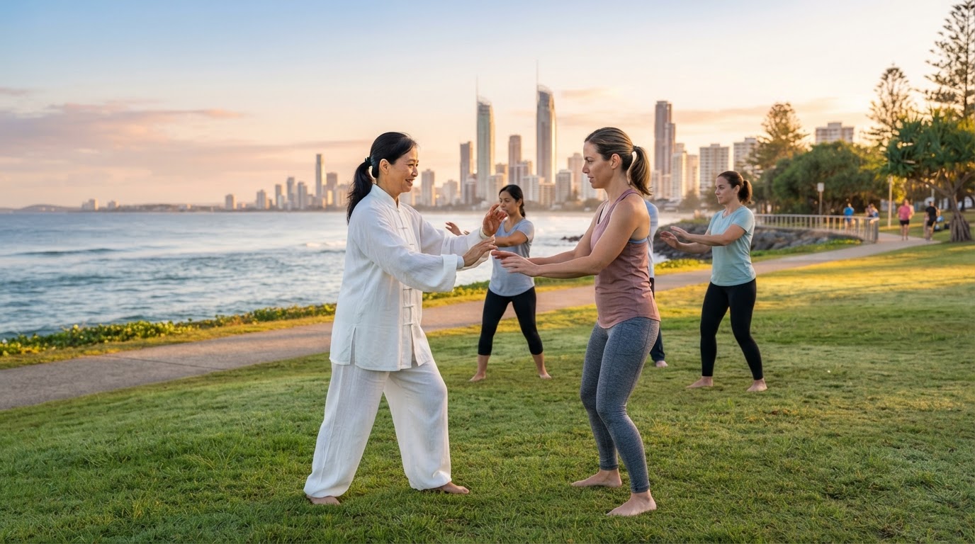 A Tai Chi instructor explaining a slow movement to an attentive adult participant during a small outdoor class in a Gold Coast waterfront park at sunrise