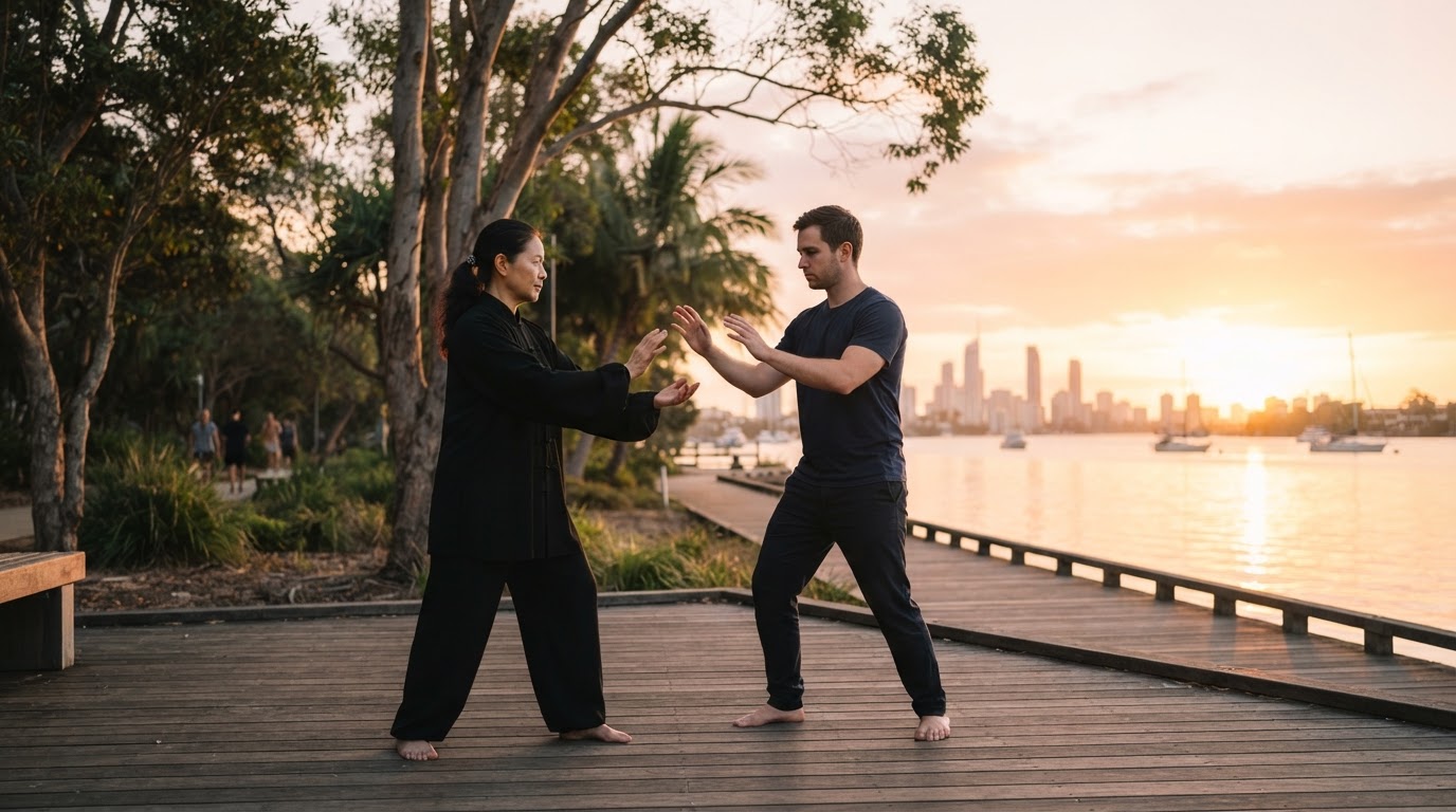 A Tai Chi instructor demonstrating a simple movement to an attentive adult beginner in a Gold Coast park at sunrise