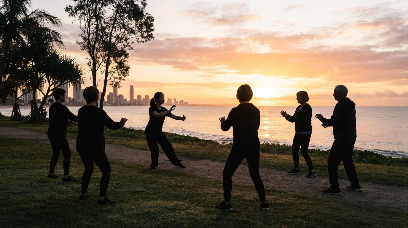 A Tai Chi instructor demonstrating a simple movement to a small group of attentive beginners in a Gold Coast park at sunrise