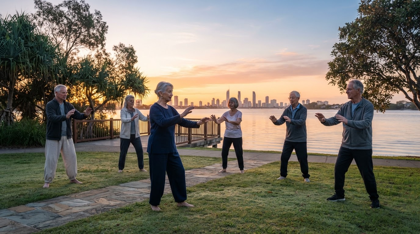A small group of older adults learning Tai Chi in a Gold Coast park at sunrise, with varied natural appearances and comfortable upright stances