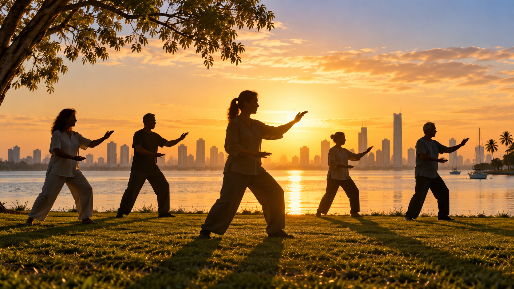 Group practising Tai Chi outdoors at sunset on the Gold Coast with skyline over the water