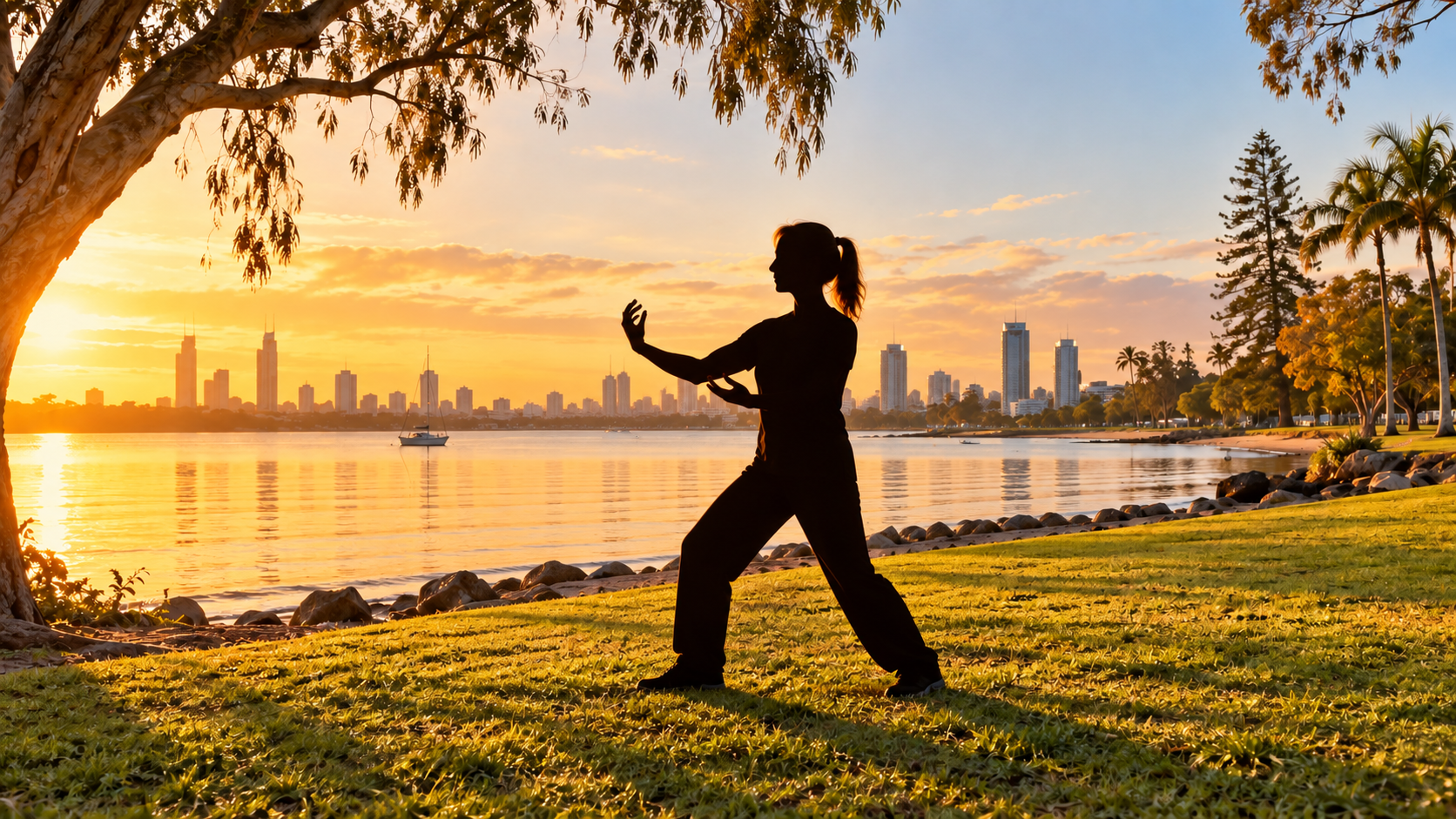 Woman practising Tai Chi at sunrise on the Gold Coast foreshore with city skyline across the water