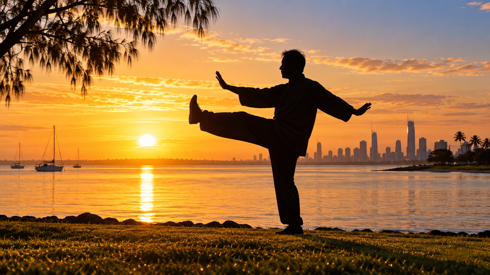 Tai Chi practitioner performing a kicking stance at sunrise on the Gold Coast with skyline across the water