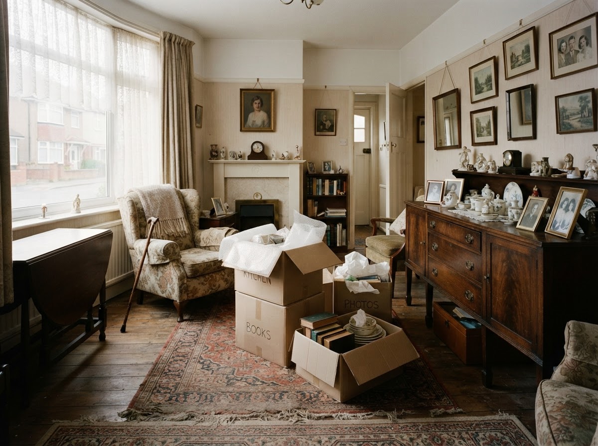 Calm traditional living room in an inherited property with furniture and boxes
