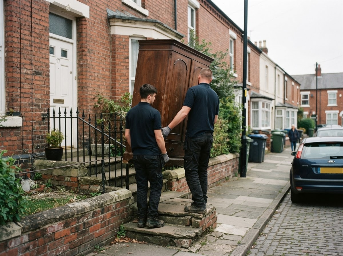 Clearance team carrying a wardrobe down the steps of a British terraced house