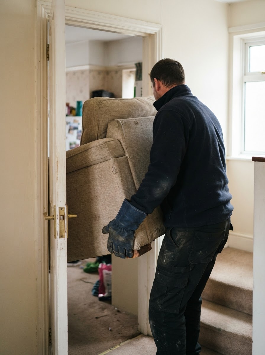 Clearance worker carefully carrying a sofa through a doorway