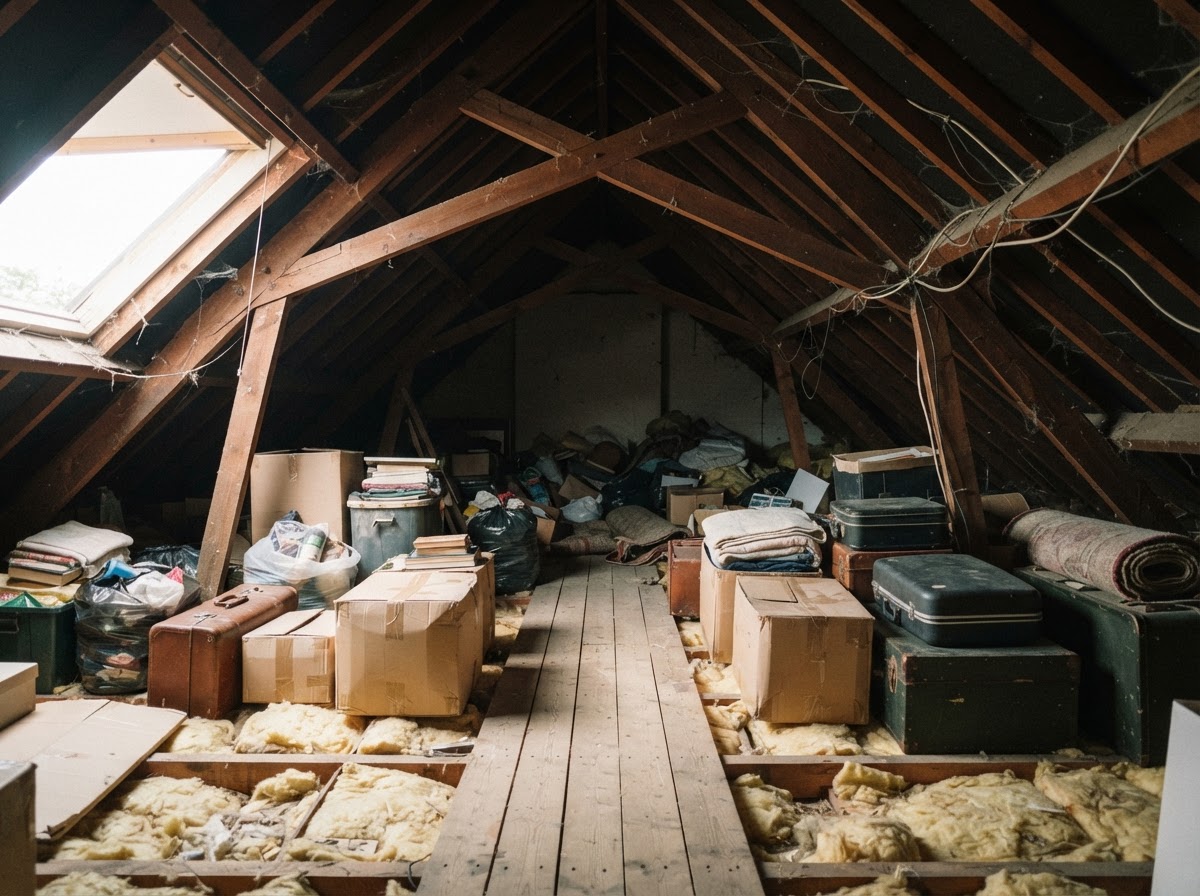 Loft being cleared with boxes and stored belongings between joists